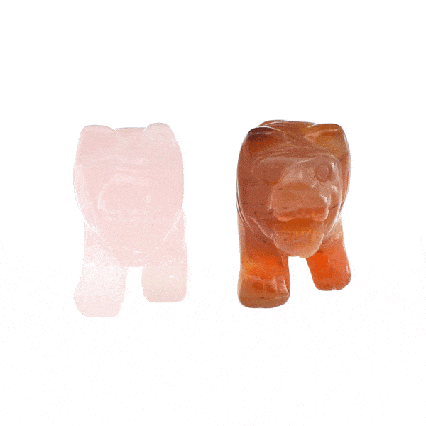 Handmade carved lions made of natural Carnelian and Rose Quartz gemstones, with a height of 2.5cm. Buy online shop.