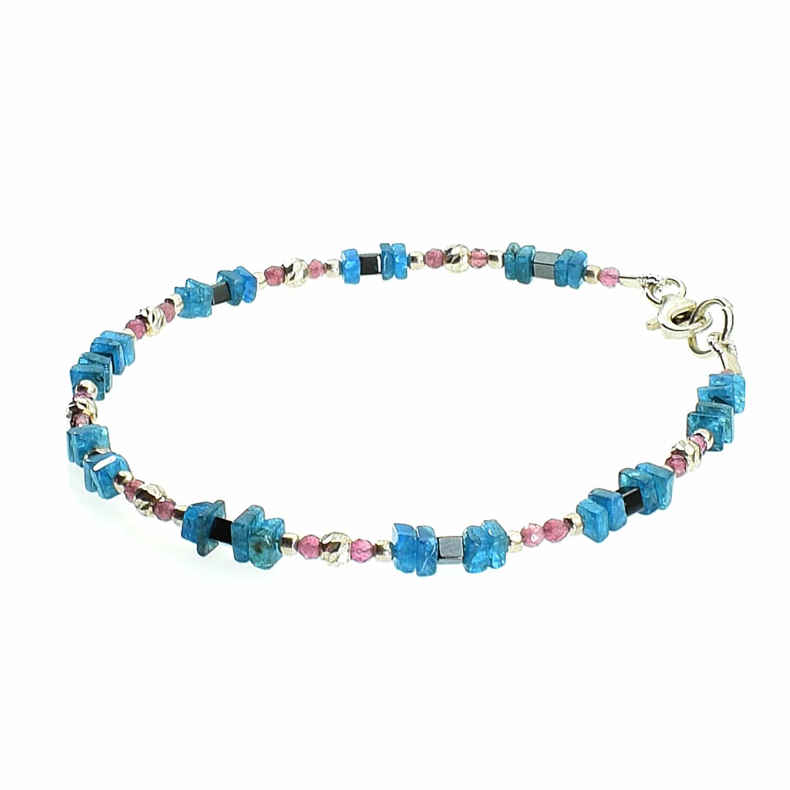 Handmade bracelet made of Hematite, Apatite and pink Tourmaline, decorated with elements made of sterling silver. Buy online shop.