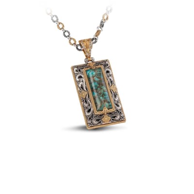 Handmade pendant made of sterling silver with gold plated details and turquoise gemstone. The pendant is threaded on a tricolor chain made of sterling silver. Buy online shop.