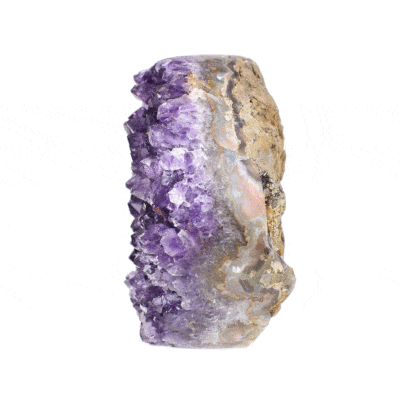 Natural Raw Amethyst gemstone from Brasil with a polished outline and a flat cut base, measuring approximately 10cm in height.