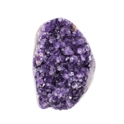Natural Raw Amethyst gemstone from Brasil with a polished outline and a flat cut base, measuring approximately 10cm in height.