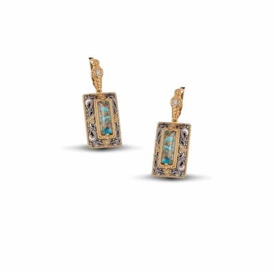Handmade earrings made of sterling silver with gold plated details and Turquoise gemstones in parallelogram shape. Buy online shop.
