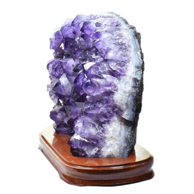 Raw Amethyst piece, placed on a wooden base, with a height of 25cm. Buy online shop.