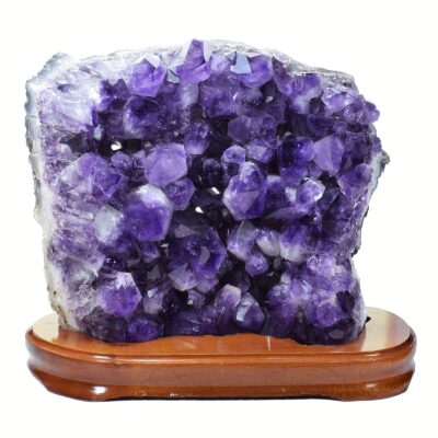 Raw Amethyst piece, placed on a wooden base, with a height of 25cm. Buy online shop.