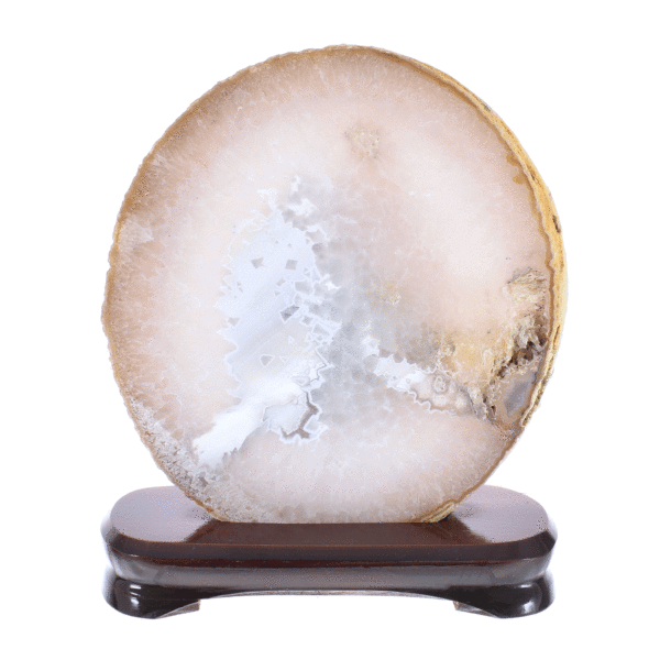 Slice of natural agate gemstone with crystal quartz, placed on a wooden base. The Agate is polished on both sides and it has a height of 20cm. Buy online shop.