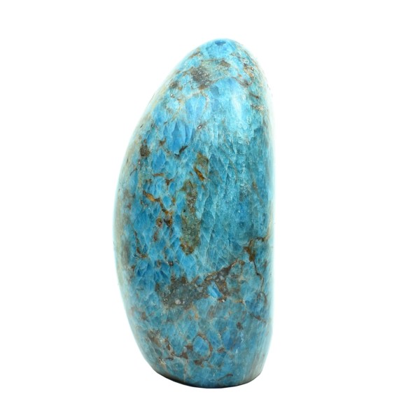 Polished piece of natural Apatite gemstone, in an oval shape with cut base. The Apatite has a height of 12.5cm. Buy online shop.