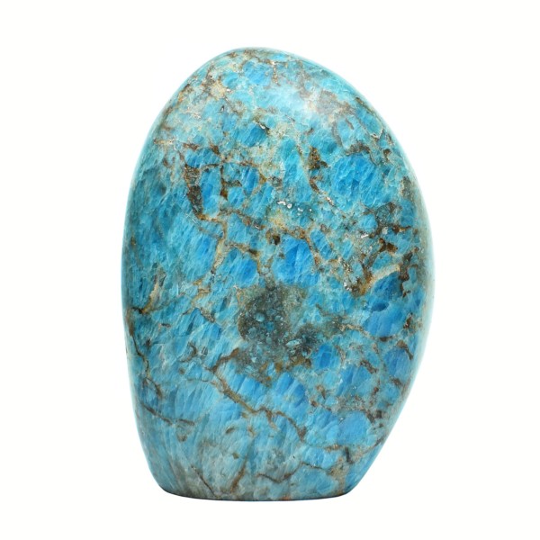 Polished piece of natural Apatite gemstone, in an oval shape with cut base. The Apatite has a height of 12.5cm. Buy online shop.