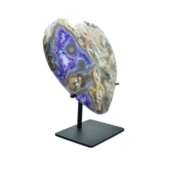 Natural Agate gemstone with Amethyst in a heart shape. The heart is placed on a black metallic base with total height of 14,5cm. Buy online shop.