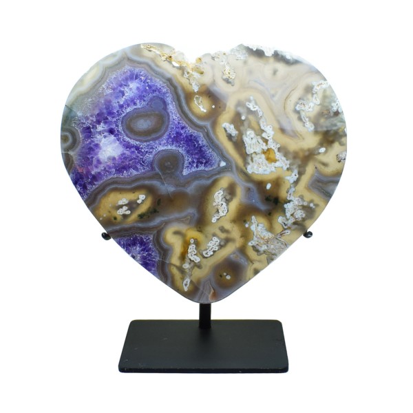 Natural Agate gemstone with Amethyst in a heart shape. The heart is placed on a black metallic base with total height of 14,5cm. Buy online shop.