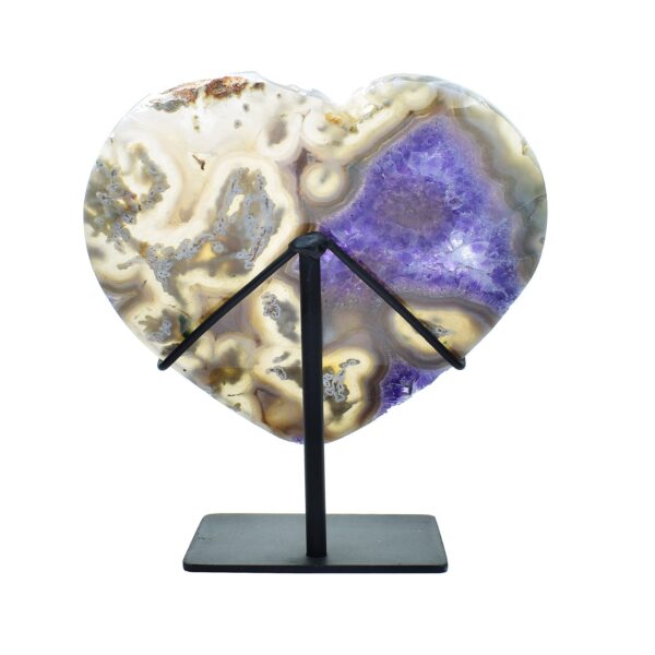 Natural Agate gemstone with Amethyst in a heart shape. The heart is placed on a black metallic base with total height of 14,5cm. Buy online shop.