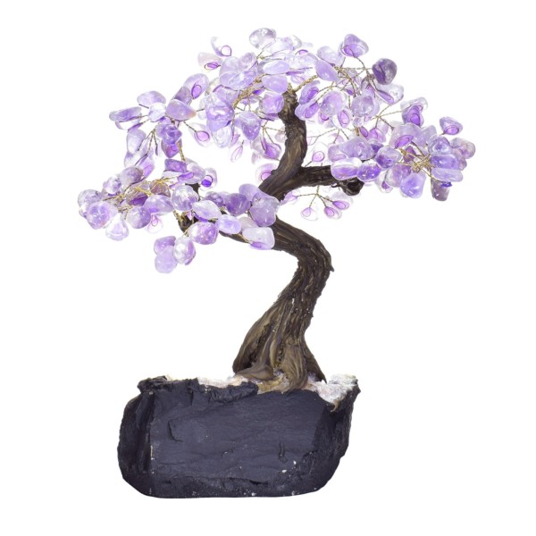 Tree with polished amethyst leaves and raw base made of amethyst, with a height of 33cm. Buy online shop.