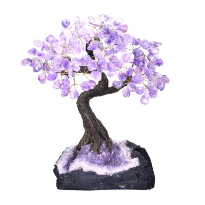 Tree with polished amethyst leaves and raw base made of amethyst, with a height of 33cm. Buy online shop.