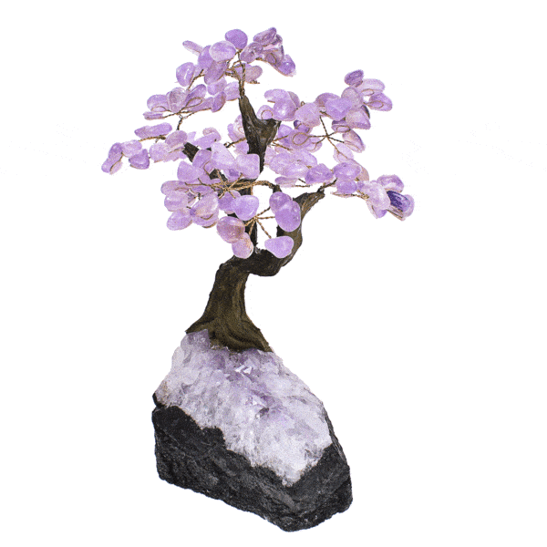 Handmade tree with natural polished amethyst gemstone leaves and raw amethyst base. The tree has a height of 25cm. Buy online shop.