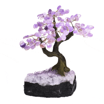 Handmade tree with natural polished amethyst gemstone leaves and raw amethyst base. The tree has a height of 25cm. Buy online shop.