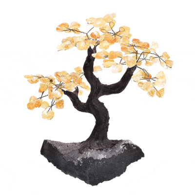 Handmade tree with polished leaves made of natural citrine quartz gemstone and raw amethyst gemstone base. The tree has a height of 24cm. Buy online shop.