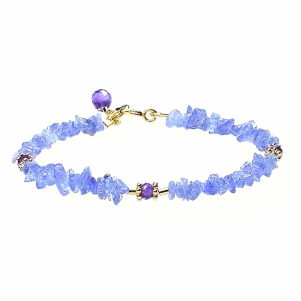 Handmade bracelet made of Tanzanite chips and Amethyst, decorated with gold plated sterling silver elements and an Amethyst drop. Buy online shop.