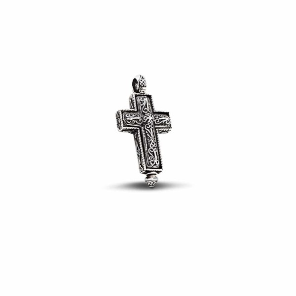 Handmade locket cross made of sterling silver with oxidized details. Buy online shop.