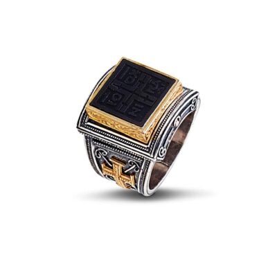 Handmade Byzantine style ring made of sterling silver with gold plated details and bronze in the center. Immediately available on our e-shop.