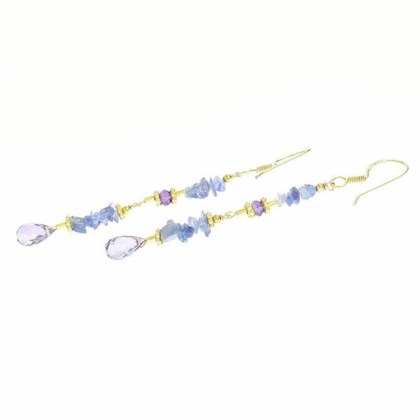 Handmade long earrings made of Tanzanite chips and Amethyst, decorated with gold plated sterling silver elements. At the bottom of the earrings there is an Amethyst drop. Buy online shop.