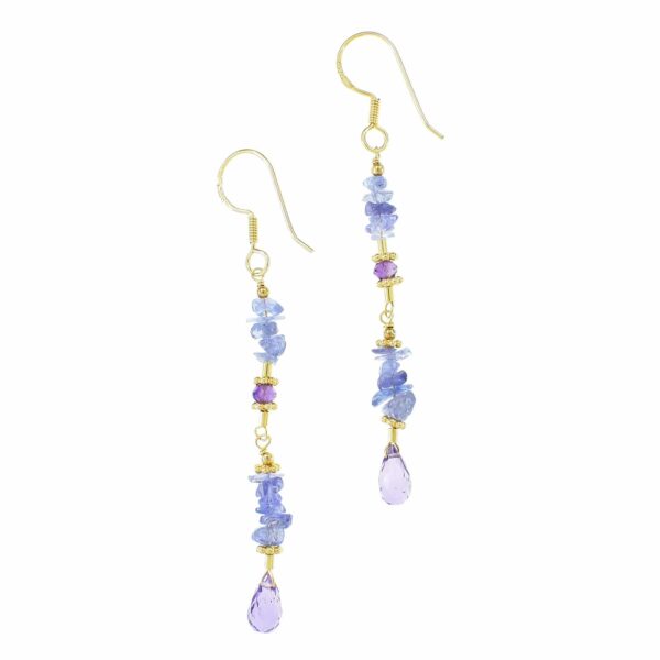 Handmade long earrings made of Tanzanite chips and Amethyst, decorated with gold plated sterling silver elements. At the bottom of the earrings there is an Amethyst drop. Buy online shop.