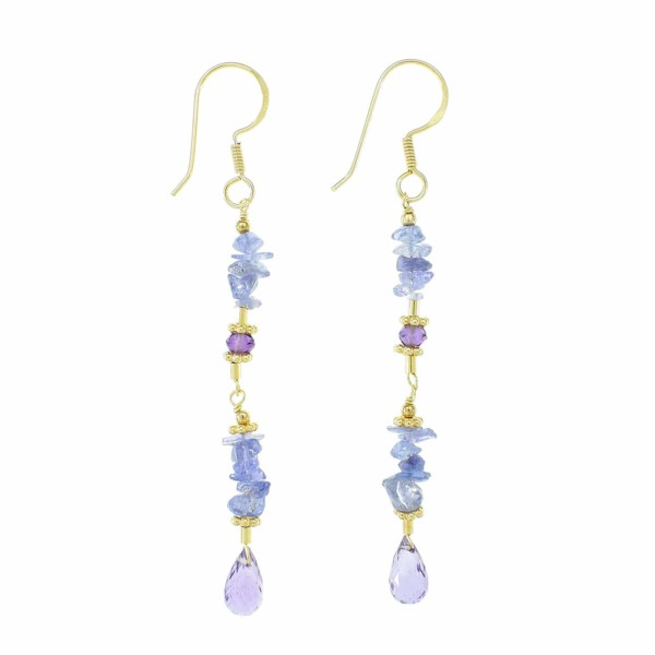 Handmade long earrings made of Tanzanite chips and Amethyst, decorated with gold plated sterling silver elements. At the bottom of the earrings there is an Amethyst drop. Buy online shop.