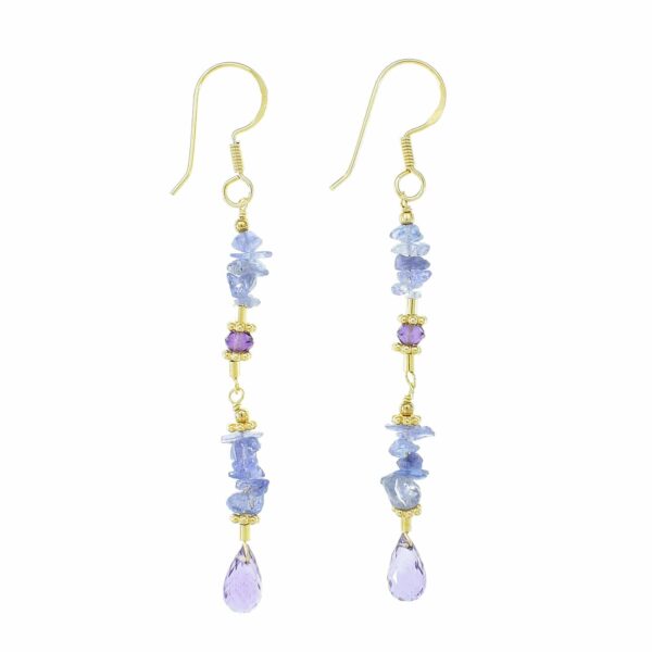 Handmade long earrings made of Tanzanite chips and Amethyst, decorated with gold plated sterling silver elements. At the bottom of the earrings there is an Amethyst drop. Buy online shop.