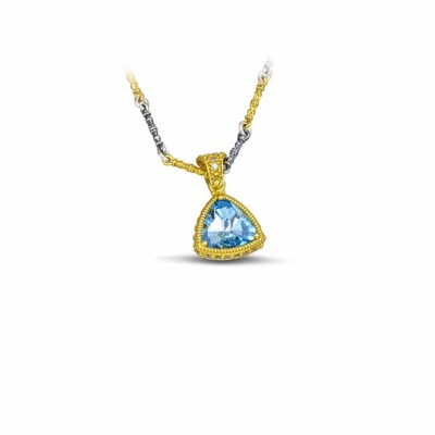 Handmade pendant made of sterling silver with gold plated details and blue crystal. The pendant is threaded on a sterling silver tricolor chain. Buy online shop.