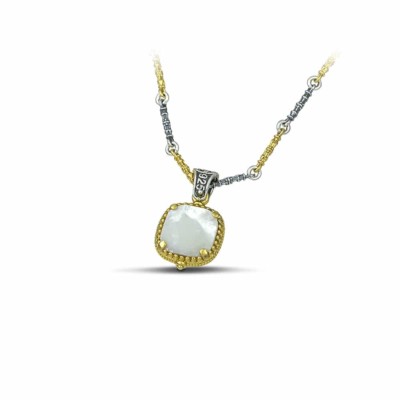 Handmade reversible pendant made of sterling silver with gold plated details, crystals and mother of pearl. The pendant is threaded on a sterling silver tricolor chain. Buy online shop.