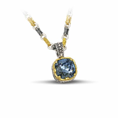 Handmade pendant made of sterling silver with gold plated details and blue crystal, in square shape. The pendant is threaded on a sterling silver tricolor chain. Buy online shop.