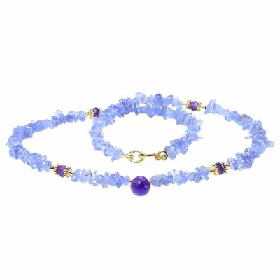 Handmade necklace made of Tanzanite chips and Amethyst, decorated with gold plated sterling silver elements and an Amethyst drop, as a central element. Buy online shop.