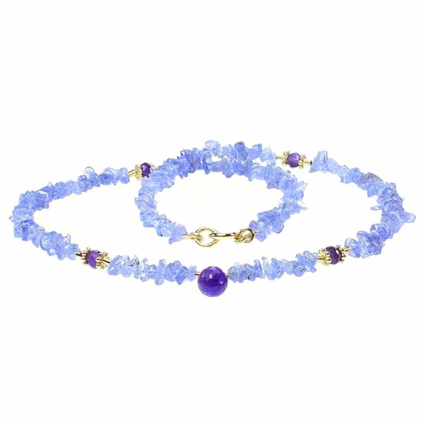 Handmade necklace made of Tanzanite chips and Amethyst, decorated with gold plated sterling silver elements and an Amethyst drop, as a central element. Buy online shop.