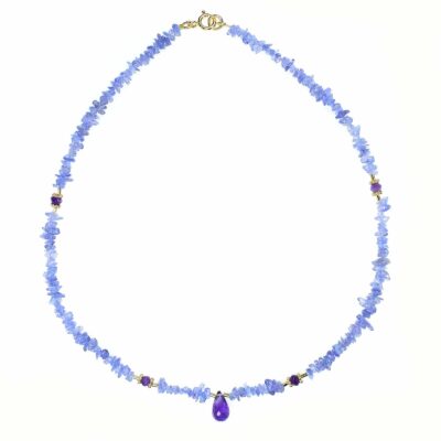 Handmade necklace made of Tanzanite chips and Amethyst, decorated with gold plated sterling silver elements and an Amethyst drop, as a central element. Buy online shop.