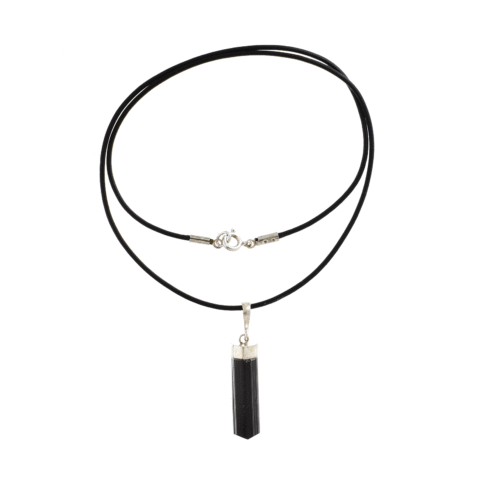 Pendant made of sterling silver and raw black tourmaline gemstone. The pendant is threaded on a black leather with sterling silver clasp. Buy online shop.