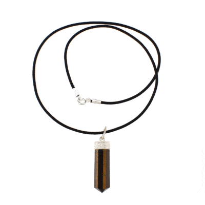 Tiger eye pendant, threaded on a black leather with sterling silver clasp. Buy online shop.