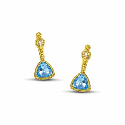 Handmade long earrings made of gold plated sterling silver and blue crystals. Buy online shop.