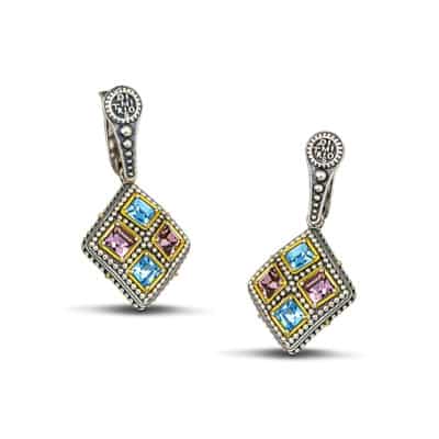 Handmade earrings in rhombus shape, made of sterling silver with gold plated details and multi color crystals. Buy online shop.