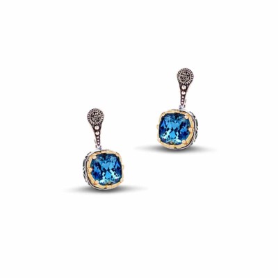 Handmade earrings made of sterling silver with gold plated details and blue crystals in square shape. Buy online shop.