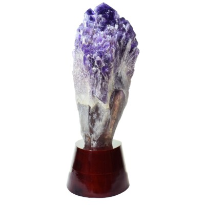 Raw amethyst flame, placed on a wooden base, with a height of 39cm. Buy online shop.