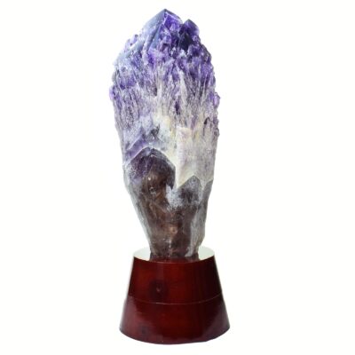 Raw amethyst flame, placed on a wooden base, with a height of 39cm. Buy online shop.