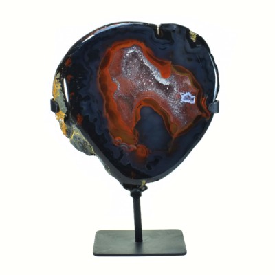 Natural Agate geode with crystal quartz inside. The geode is placed on a metallic base and it has a heght of 29.5cm. Buy online shop.