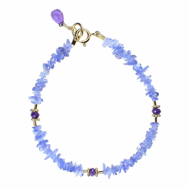 Handmade bracelet made of Tanzanite chips and Amethyst, decorated with gold plated sterling silver elements and an Amethyst drop. Buy online shop.