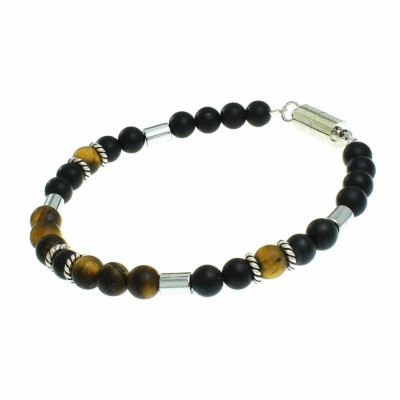Handmade bracelet made of onyx, tiger eye and hematite. The bracelet is decorated with sterling silver elements and it has a magnetic clasp made of steel.