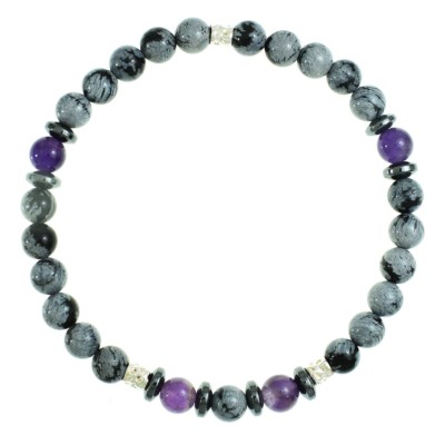 Handmade bracelet with Snowflake Obsidian, Amethyst and Hematite stones, threaded with special elastic. The bracelet is decorated with elements made of sterling silver. Buy online shop.