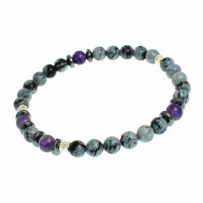Handmade bracelet with Snowflake Obsidian, Amethyst and Hematite stones, threaded with special elastic. The bracelet is decorated with elements made of sterling silver. Buy online shop.