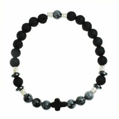 Handmade bracelet with Snowflake Obsidian, Lava, Hematite and a cross made of Onyx. The stones are threaded with special elastic and the bracelet is decorated with elements made of sterling silver. Buy online shop.