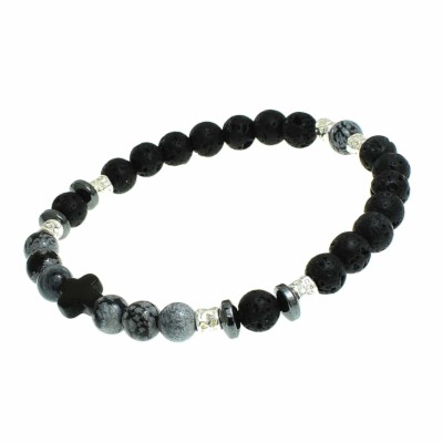 Handmade bracelet with Snowflake Obsidian, Lava, Hematite and a cross made of Onyx. The stones are threaded with special elastic and the bracelet is decorated with elements made of sterling silver. Buy online shop.