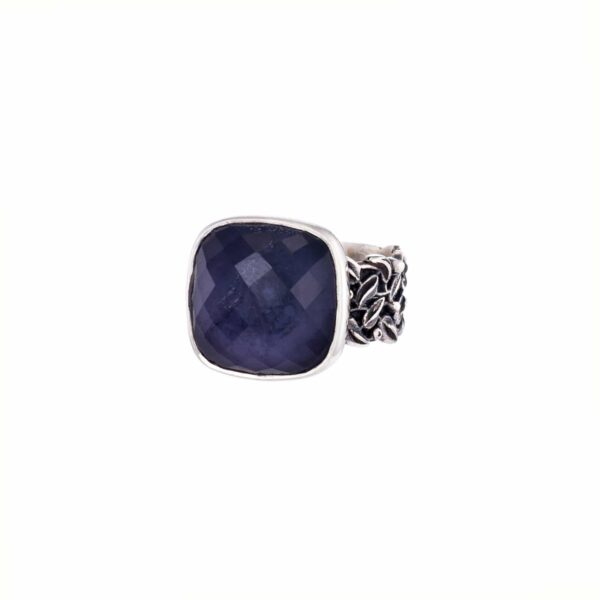 Handmade ring made of sterling silver with doublet made of Crystal quartz and Iolite in a square shape. The doublet consists of two layers of stones. The upper stone is Crystal Quartz and the stone at the bottom is Iolite. Buy online shop.