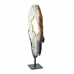 Φέτα Αχάτη με κρύσταλλα χαλαζία στο εσωτερικό του, τοποθετημένη σε μεταλλική βάση. Αγοράστε online shop.