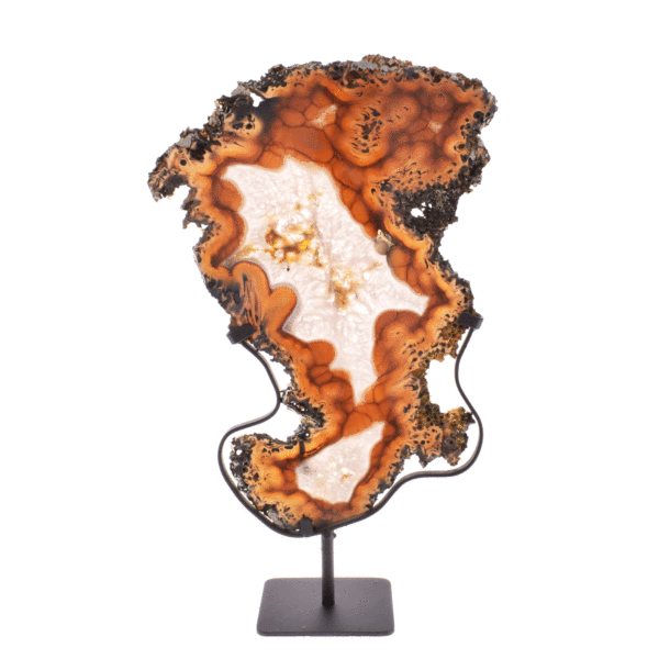 Slice of natural agate gemstone, placed on a black metallic base. The Agate is polished on both sides and the product has a height of 43cm. Buy online shop.