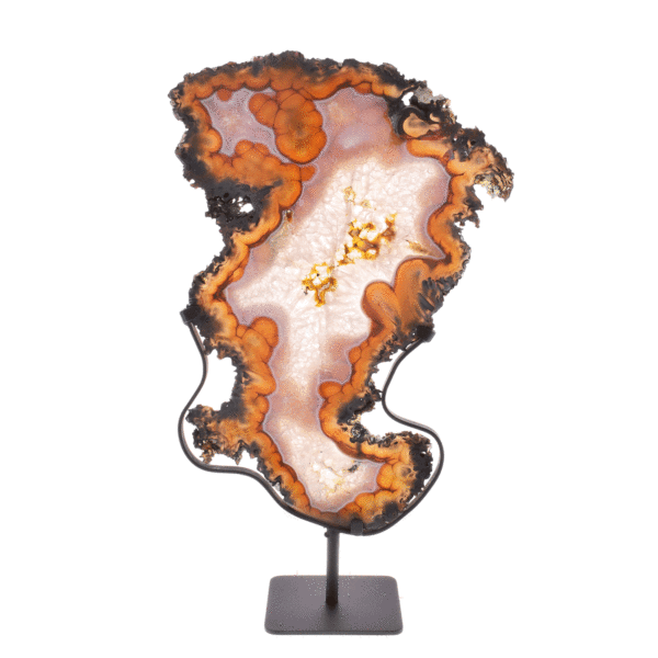 Slice of natural agate gemstone, placed on a black metallic base. The Agate is polished on both sides and the product has a height of 43cm. Buy online shop.